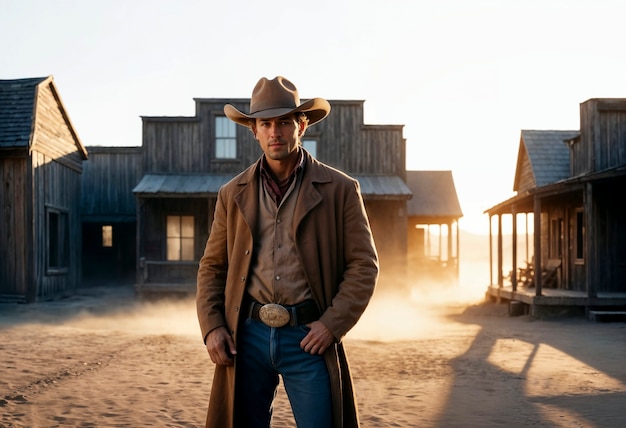 Cinematic portrait of american cowboy in the west with hat