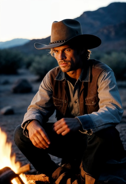 Cinematic portrait of american cowboy in the west with hat