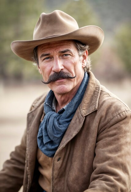 Cinematic portrait of american cowboy in the west with hat