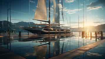 Free photo cinematic reflection of a yacht in the glass wall