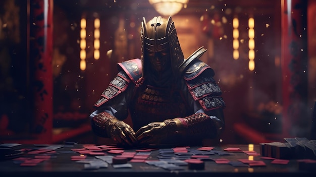 Free photo cinematic samurai armor suit casino player