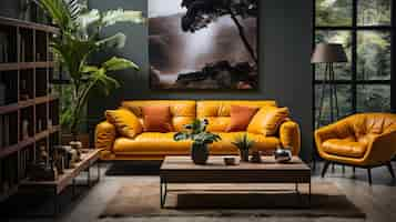 Free photo cinematic shot of yellow sofa modern interior room