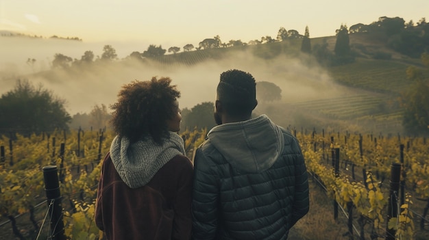 Free photo cinematic style couple in vineyard