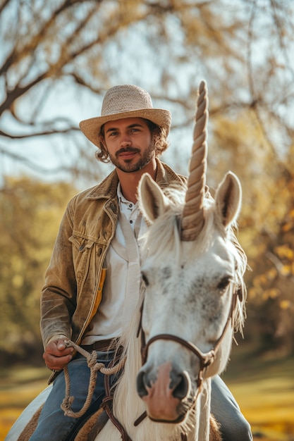 Free photo cinematic style portrait of man with mystical surreal unicorn animal