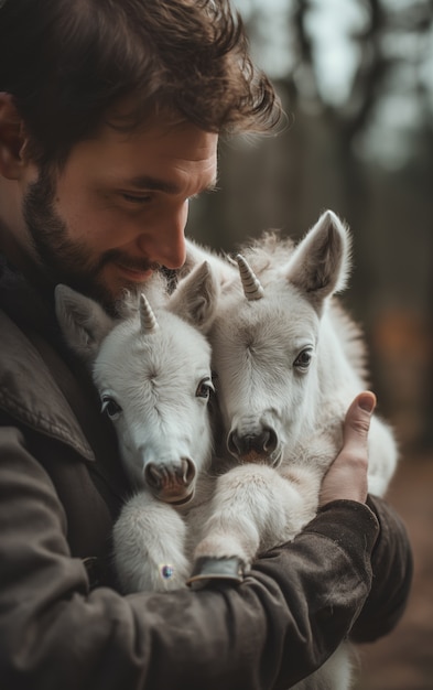 Free Photo cinematic style portrait of man with mystical surreal unicorn animal