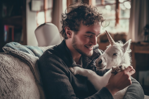 Free Photo cinematic style portrait of man with mystical surreal unicorn animal