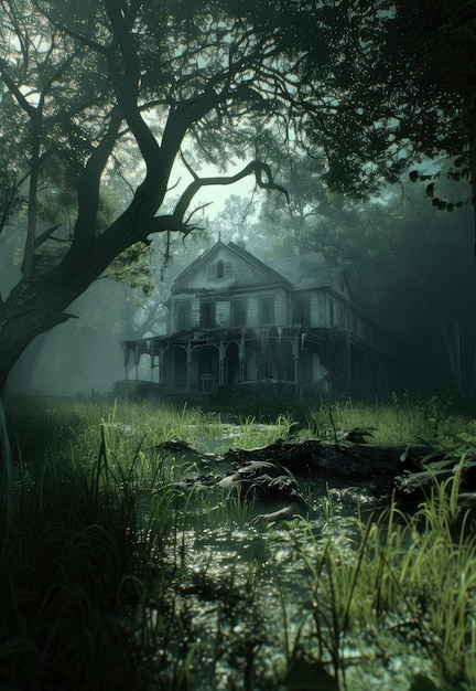 Cinematic style view of haunted house with spooky aesthetic