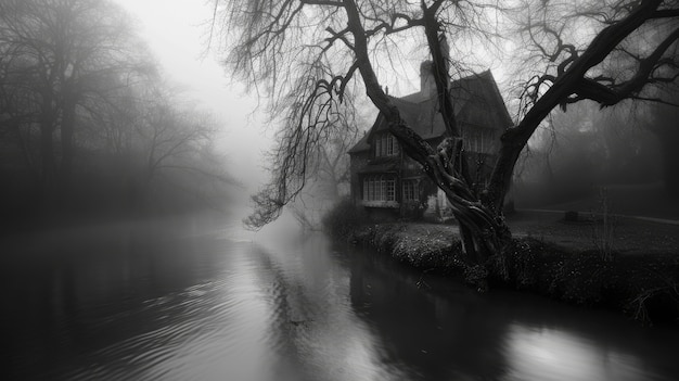 Free photo cinematic style view of haunted house with spooky aesthetic