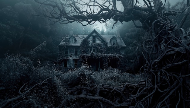 Free photo cinematic style view of haunted house with spooky aesthetic