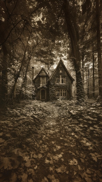 Cinematic style view of haunted house with spooky aesthetic