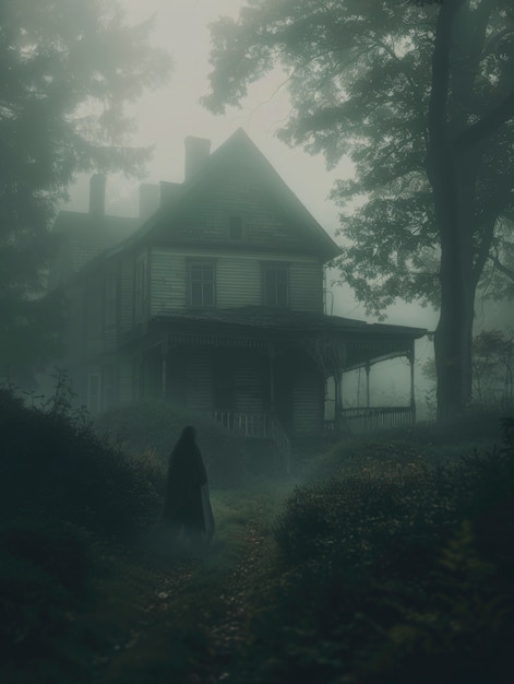 Cinematic style view of haunted house with spooky aesthetic