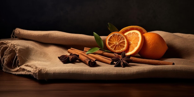 Free photo cinnamon quills and citrus halves cast soft shadows on a textured ebony counter