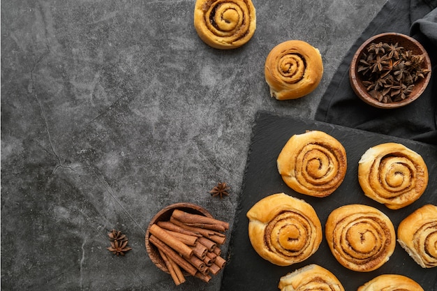 Cinnamon rolls arrangement flat lay