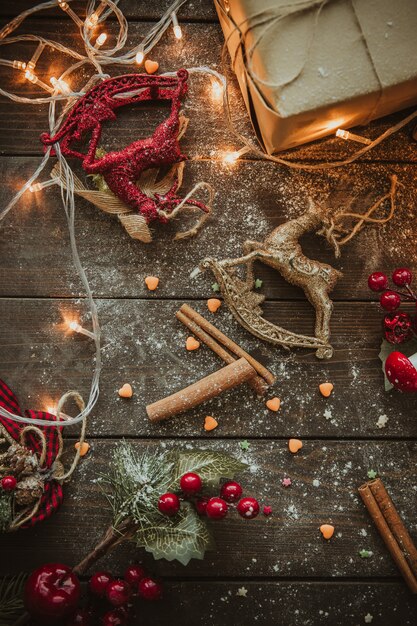 Cinnamon sticks and cranberry on the table top view