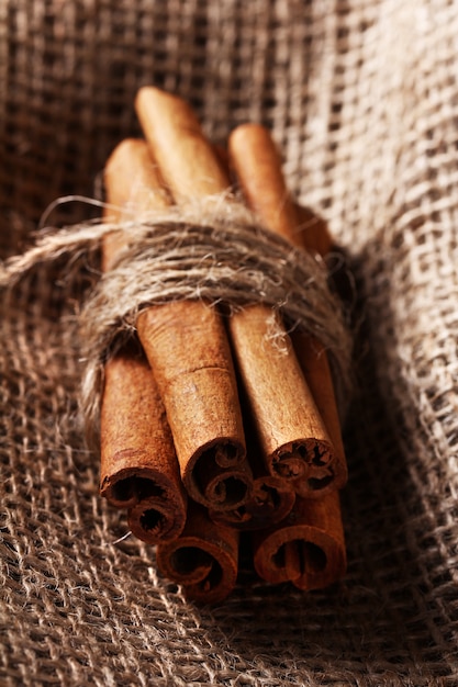 Free Photo cinnamon sticks on sack cloth