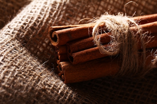 Free photo cinnamon sticks on sack cloth