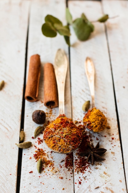 Free photo cinnamon sticks and spoon with indian spices