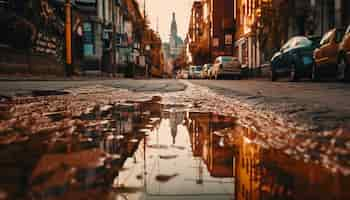 Free photo city lights reflect on wet canal at dusk generated by ai