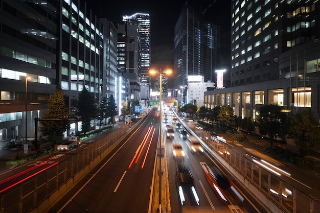 City at night with architecture and vibrant lights