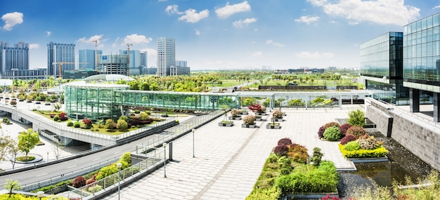 City park under blue sky with Downtown Skyline in the Background