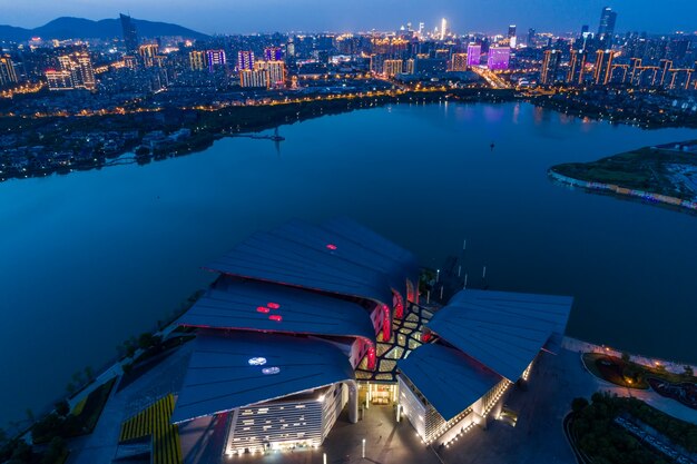 City scenery and traffic flow in Wuxi industrial park at night