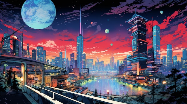 Cityscape of anime inspired urban area