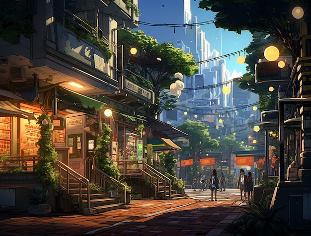 Cityscape of anime inspired urban area