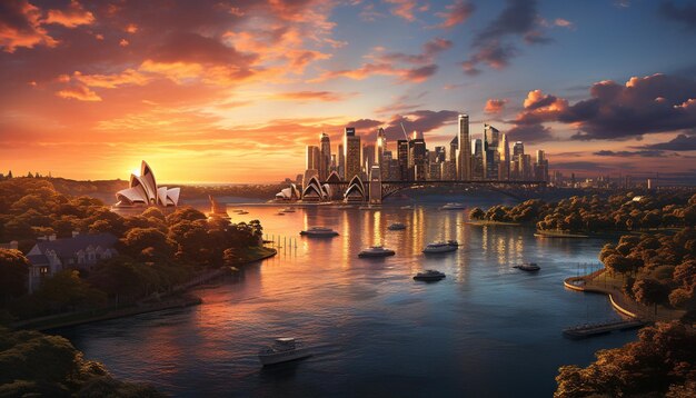 Cityscape of famous financial district at dusk, reflecting on waterfront generated by artificial intelligence