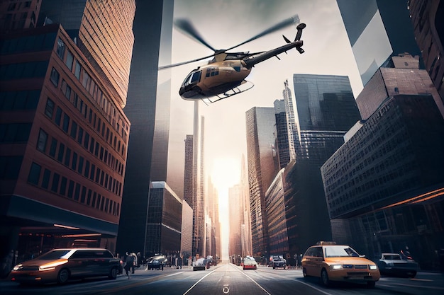 Free Photo cityscape scene with helicopter and cars generative ai