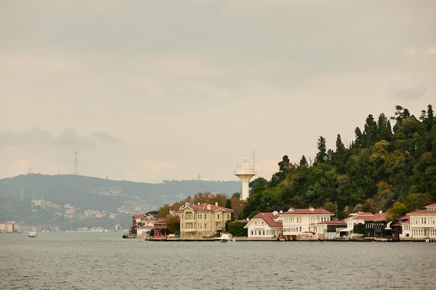 The cityscape with ancient and modern buildings in Istanbul Turkey from the Bosphorus strait on a sunny day with background cloudy sky