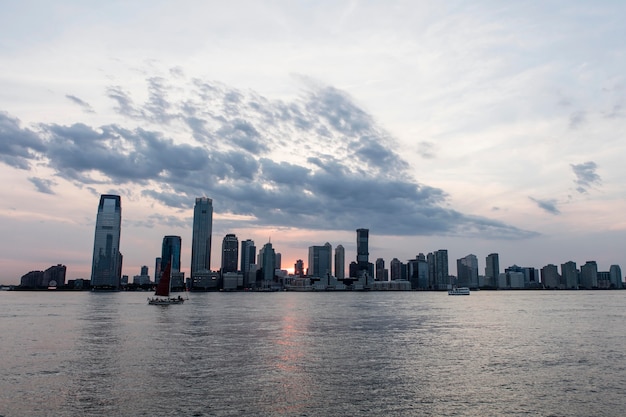 Cityscape with big buildings and water