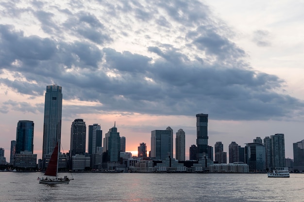 Cityscape with big buildings and water