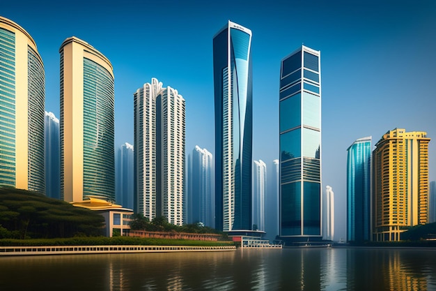 Free photo a cityscape with a blue sky and buildings in the background.