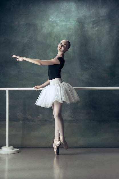 Free photo the classic ballerina posing at ballet barre