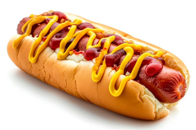 Classic hot dog with ketchup and mustard sauce isolated on white background