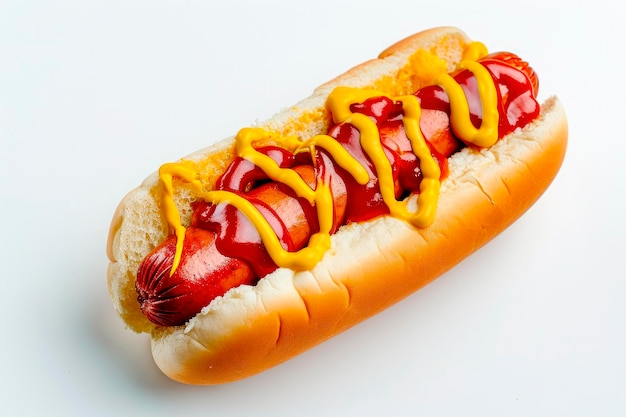 Classic hot dog with ketchup and mustard sauce isolated on white background