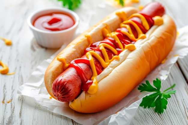 Classic hot dog with ketchup and mustard sauce on white wooden table