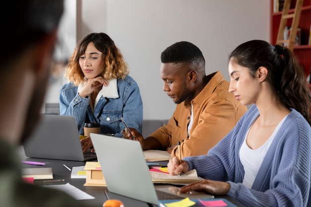 Classmates learning together from laptop and notes