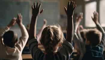 Free photo a classroom full of students with their hands up in the air