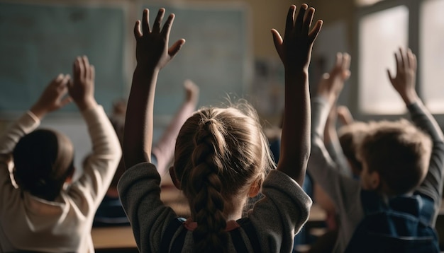 A classroom full of students with their hands up in the air