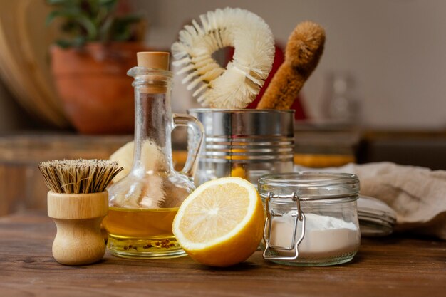 Cleaning brushes and lemons arrangement