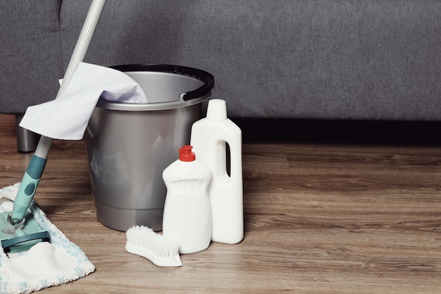 Cleaning tool set on the wooden floor