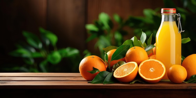 Free Photo clear bottle of orange juice amidst cut oranges with a wooden board underneath and greenery adding freshness