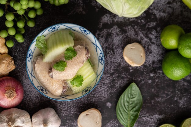 Clear Soup with Chicken with Green Hatch With garlic, lemon, onion, red onion, mushroom and basil