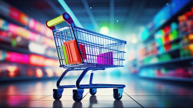 Clear view of a shopping cart with a supermarket's blurry refrigerator aisle illuminated by bokeh lights