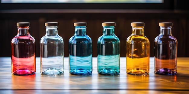 Free photo clear water bottles with vibrant caps on a wooden table