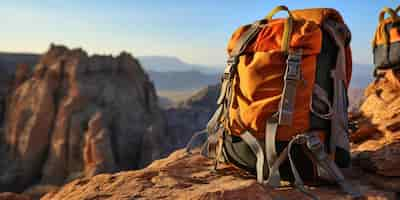 Free photo climbing gear in the foreground rugged cliff behind