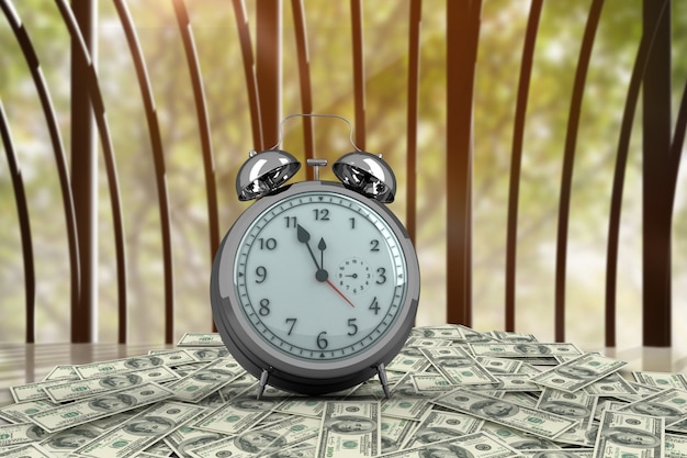 Clock with banknotes on a wooden table