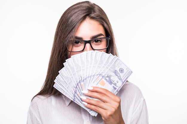 Close portrait of business woman with long brown hair