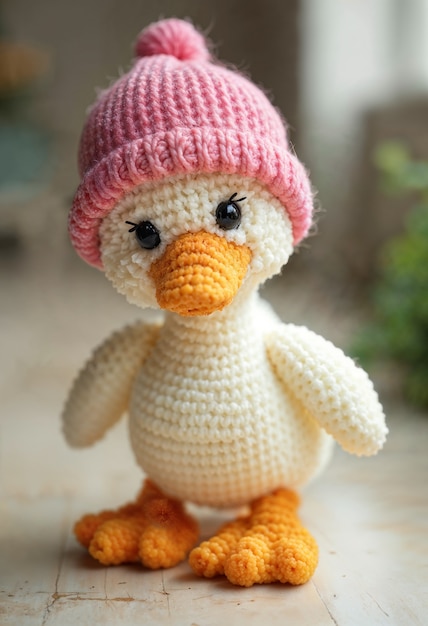 Close up on adorable amigurumi duck